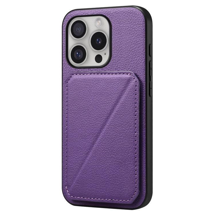DENIOR D04 For iPhone 16 Pro Case Card Holder Kickstand Leather Coated Phone Cover - Purple