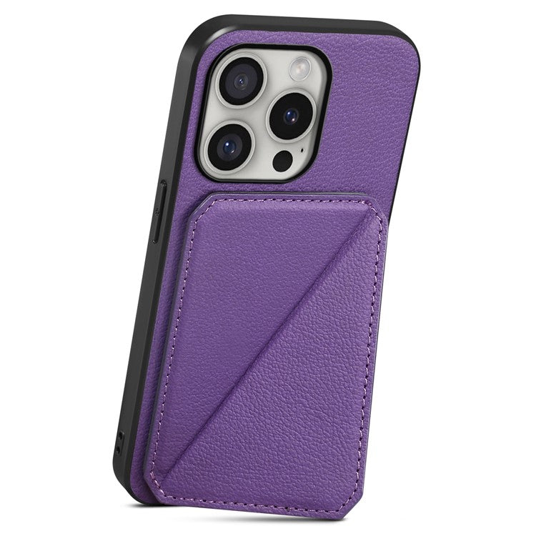 DENIOR D04 For iPhone 16 Pro Case Card Holder Kickstand Leather Coated Phone Cover - Purple