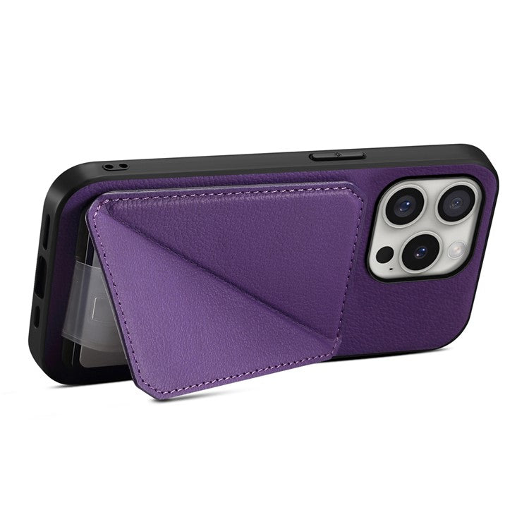 DENIOR D04 For iPhone 16 Pro Case Card Holder Kickstand Leather Coated Phone Cover - Purple