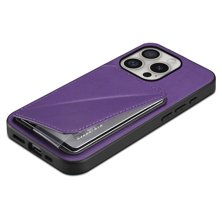 DENIOR D04 For iPhone 16 Pro Case Card Holder Kickstand Leather Coated Phone Cover - Purple