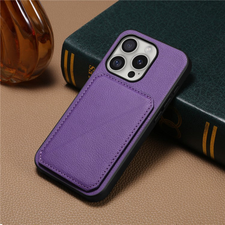 DENIOR D04 For iPhone 16 Pro Case Card Holder Kickstand Leather Coated Phone Cover - Purple