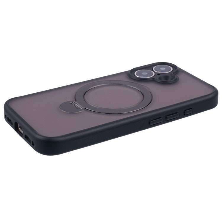 For iPhone 16 Plus Case Rotatable Magnetic Kickstand TPU+PC Matte Phone Cover - Black