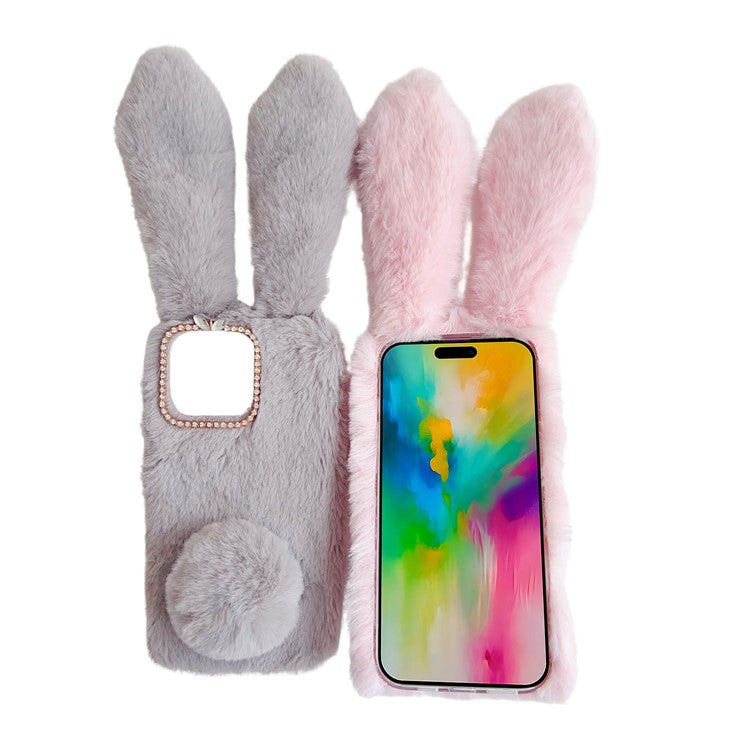 For iPhone 16 Pro Case Bunny Ears Furry Soft TPU Protective Phone Cover - Dark Grey