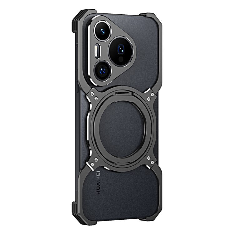 For Huawei Pura 70 Magnetic Case Kickstand Metal Bumper Phone Cover - Black / Silver