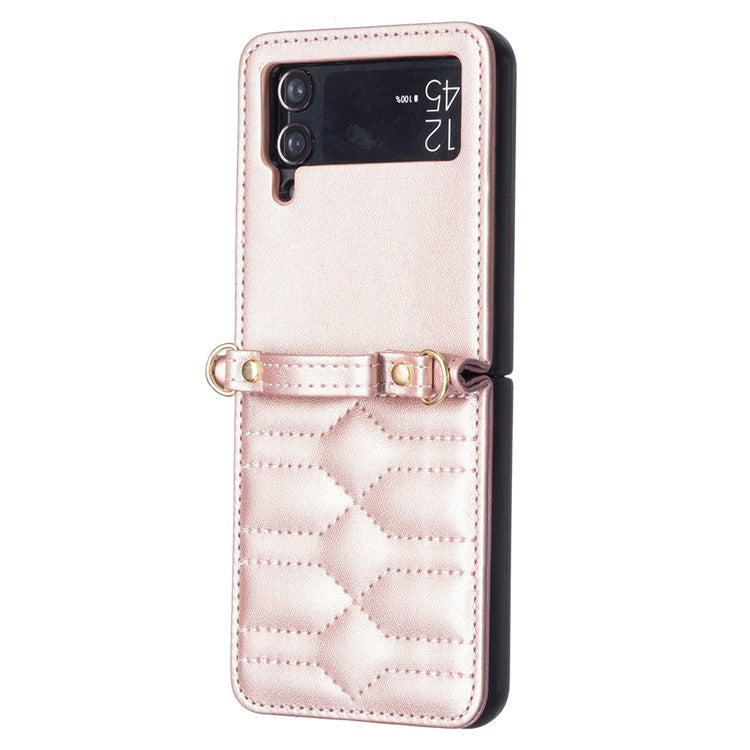 For Samsung Galaxy Z Flip4 5G Leather Case V-Shape Grip Back Cover with Shoulder Strap - Rose Gold