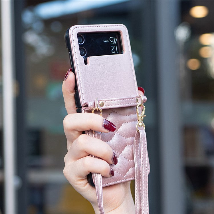 For Samsung Galaxy Z Flip4 5G Leather Case V-Shape Grip Back Cover with Shoulder Strap - Rose Gold