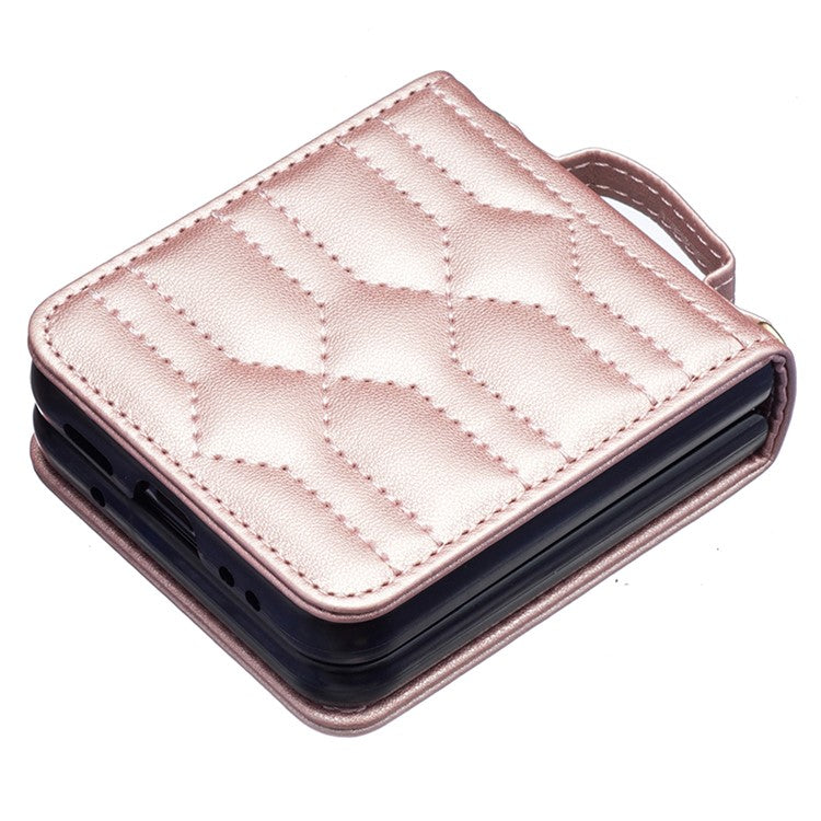 For Samsung Galaxy Z Flip4 5G Leather Case V-Shape Grip Back Cover with Shoulder Strap - Rose Gold