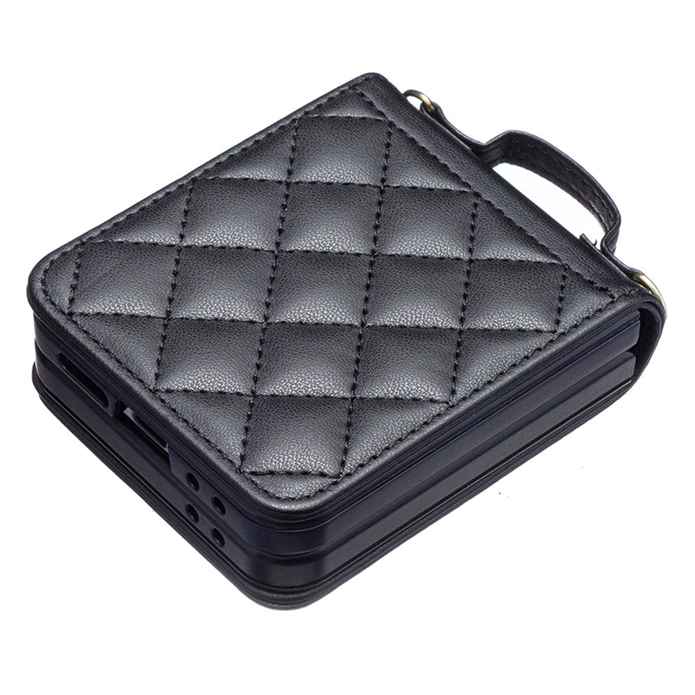 For Samsung Galaxy Z Flip7 FE 5G / Z Flip6 5G / Z Flip5 5G Leather Back Case Rhombus Phone Cover with Shoulder Strap - Black