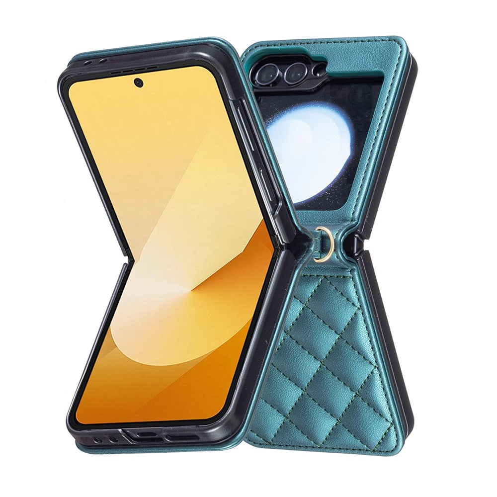 For Samsung Galaxy Z Flip7 FE 5G / Z Flip6 5G / Z Flip5 5G Leather Back Case Rhombus Phone Cover with Shoulder Strap - Green