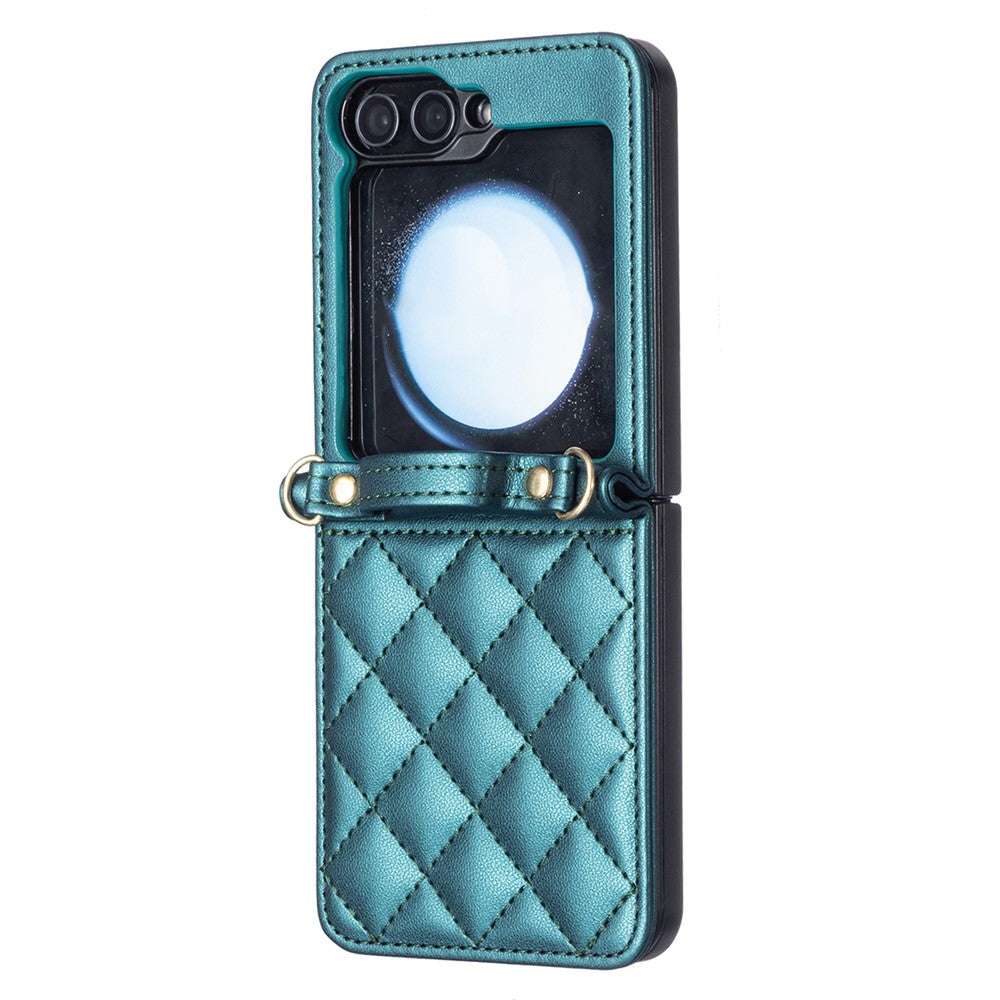 For Samsung Galaxy Z Flip7 FE 5G / Z Flip6 5G / Z Flip5 5G Leather Back Case Rhombus Phone Cover with Shoulder Strap - Green