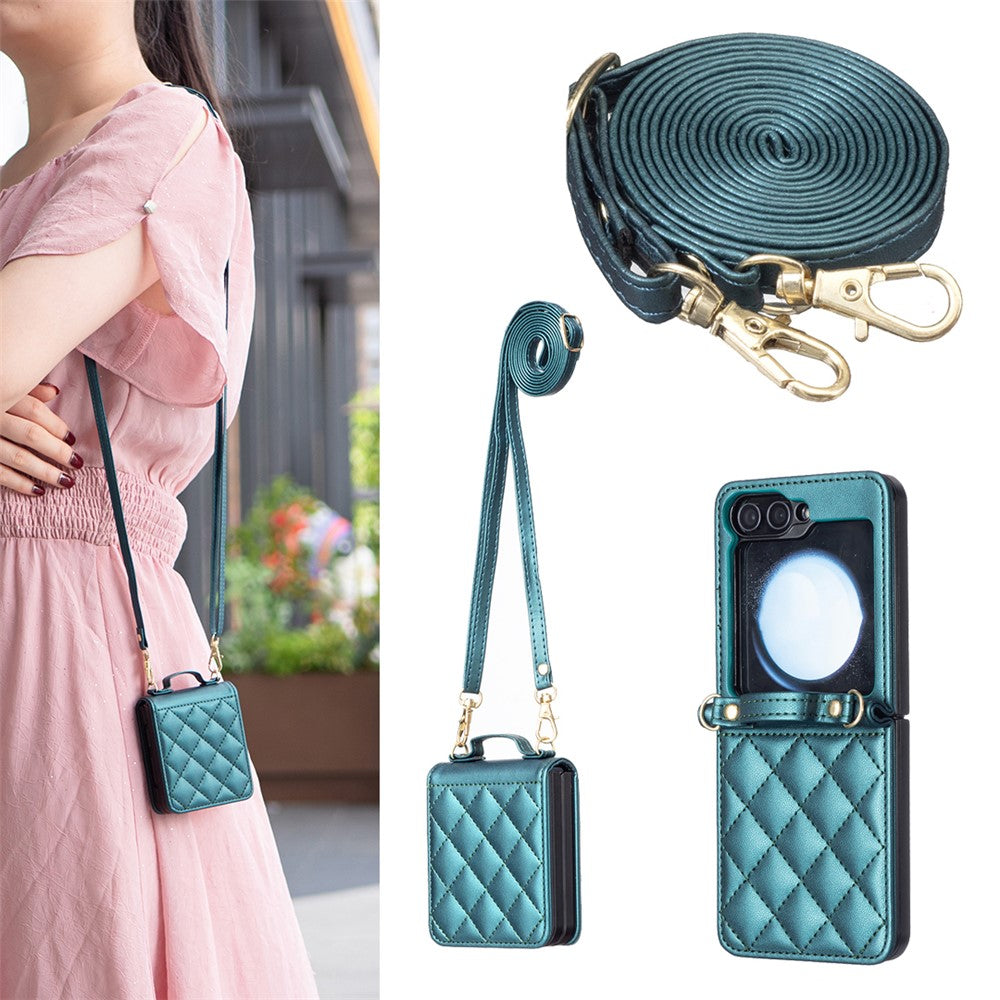 For Samsung Galaxy Z Flip7 FE 5G / Z Flip6 5G / Z Flip5 5G Leather Back Case Rhombus Phone Cover with Shoulder Strap - Green