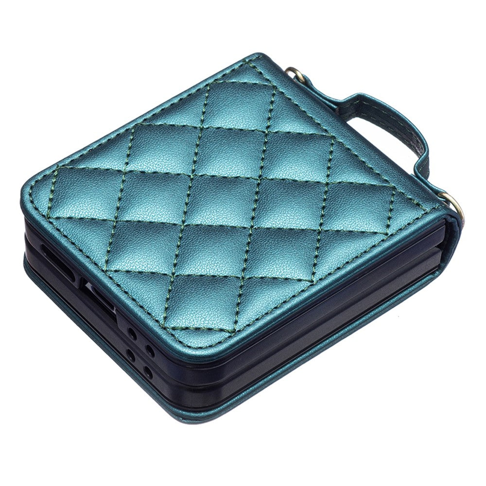 For Samsung Galaxy Z Flip7 FE 5G / Z Flip6 5G / Z Flip5 5G Leather Back Case Rhombus Phone Cover with Shoulder Strap - Green