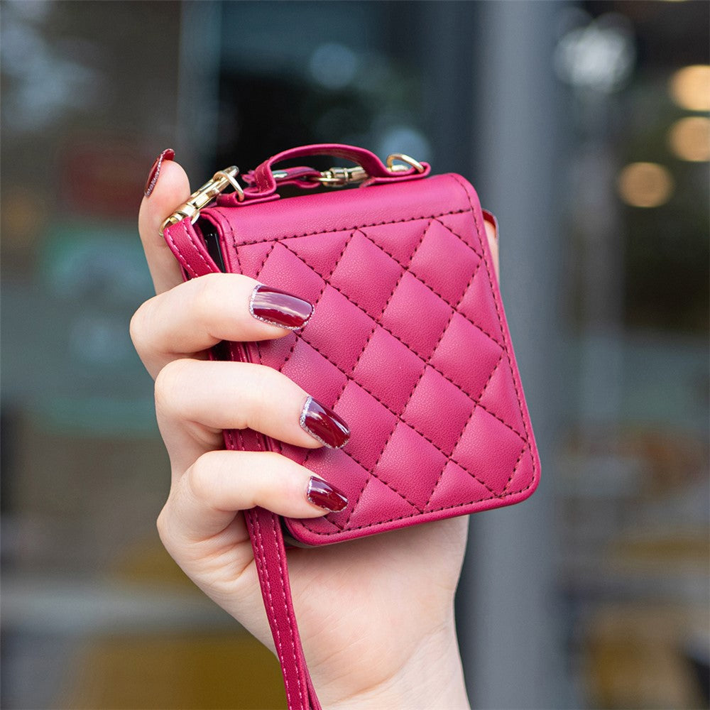 For Samsung Galaxy Z Flip7 FE 5G / Z Flip6 5G / Z Flip5 5G Leather Back Case Rhombus Phone Cover with Shoulder Strap - Rose