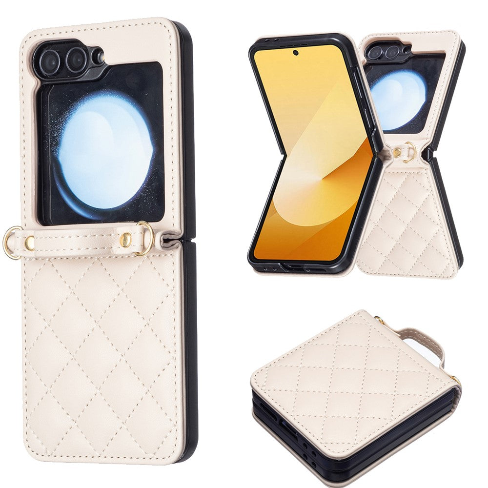 For Samsung Galaxy Z Flip7 FE 5G / Z Flip6 5G / Z Flip5 5G Leather Back Case Rhombus Phone Cover with Shoulder Strap - Beige