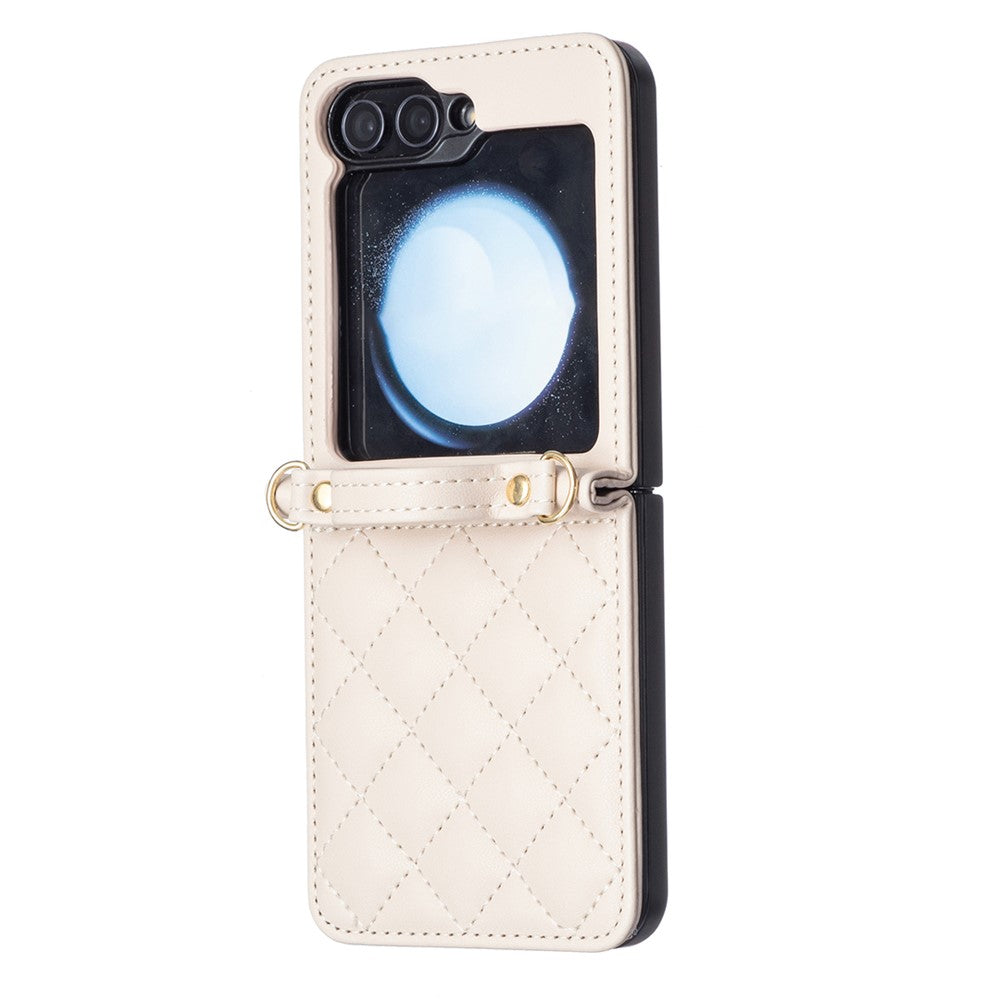 For Samsung Galaxy Z Flip7 FE 5G / Z Flip6 5G / Z Flip5 5G Leather Back Case Rhombus Phone Cover with Shoulder Strap - Beige