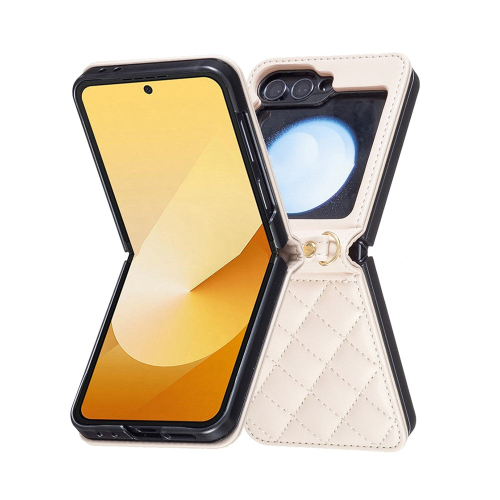 For Samsung Galaxy Z Flip7 FE 5G / Z Flip6 5G / Z Flip5 5G Leather Back Case Rhombus Phone Cover with Shoulder Strap - Beige
