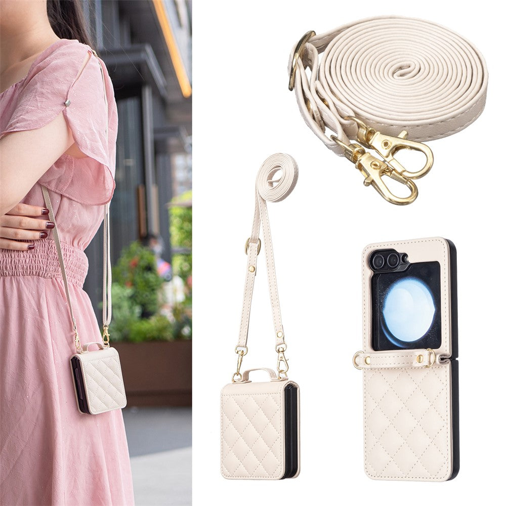 For Samsung Galaxy Z Flip7 FE 5G / Z Flip6 5G / Z Flip5 5G Leather Back Case Rhombus Phone Cover with Shoulder Strap - Beige