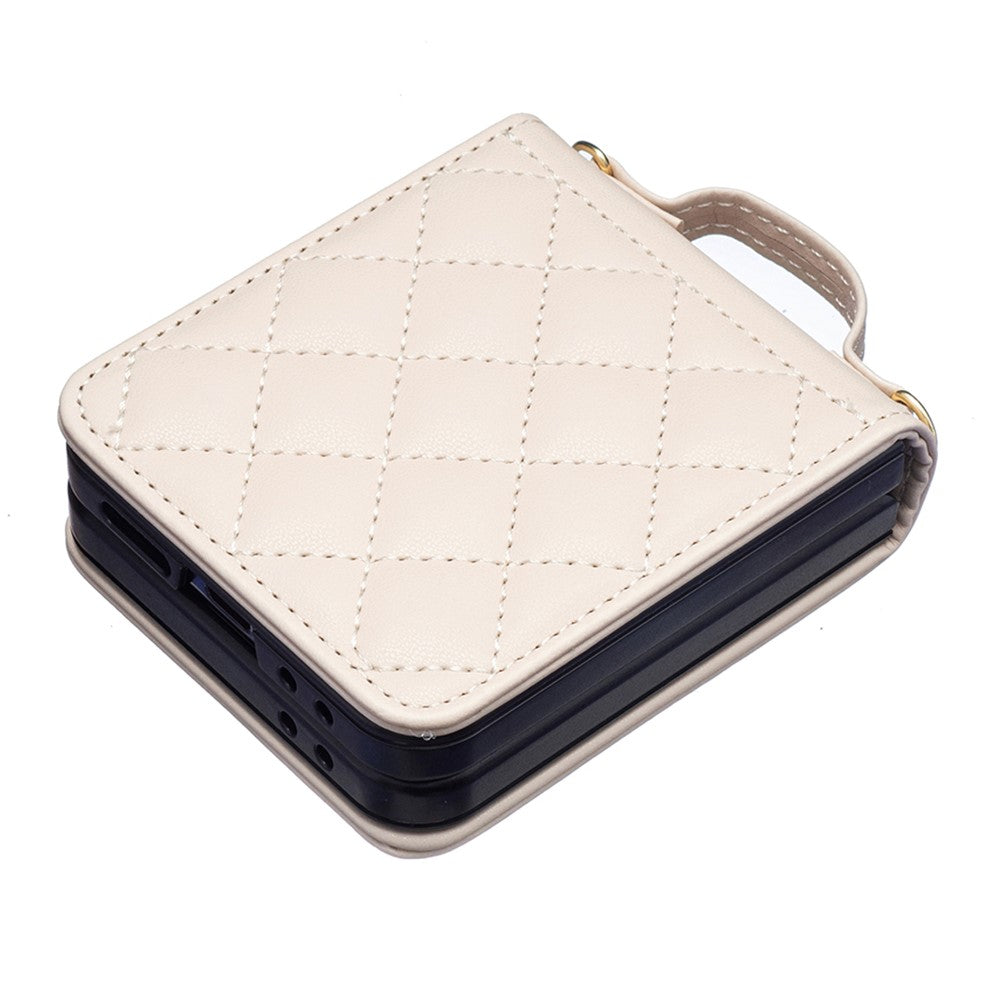 For Samsung Galaxy Z Flip7 FE 5G / Z Flip6 5G / Z Flip5 5G Leather Back Case Rhombus Phone Cover with Shoulder Strap - Beige