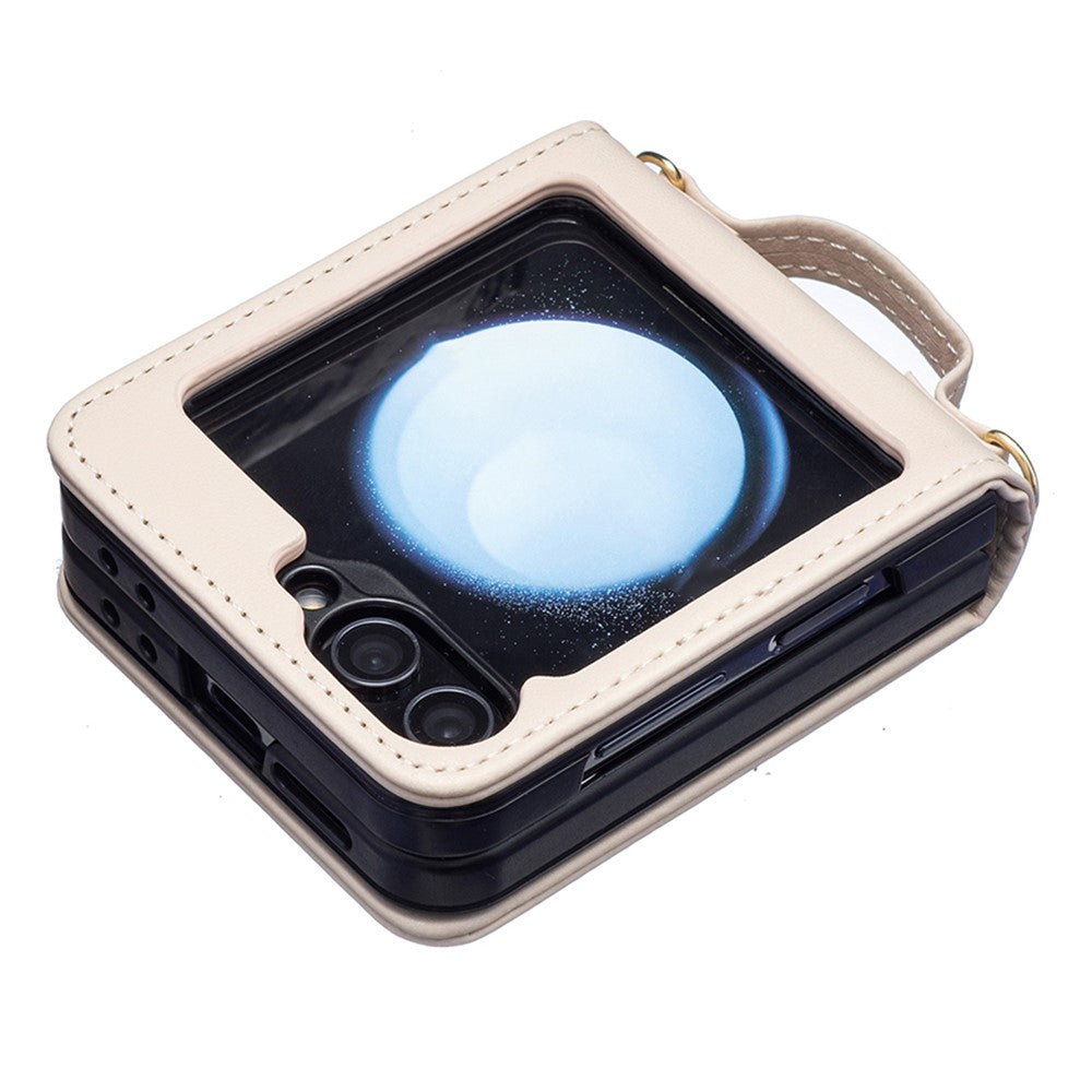 For Samsung Galaxy Z Flip7 FE 5G / Z Flip6 5G / Z Flip5 5G Leather Back Case Rhombus Phone Cover with Shoulder Strap - Beige