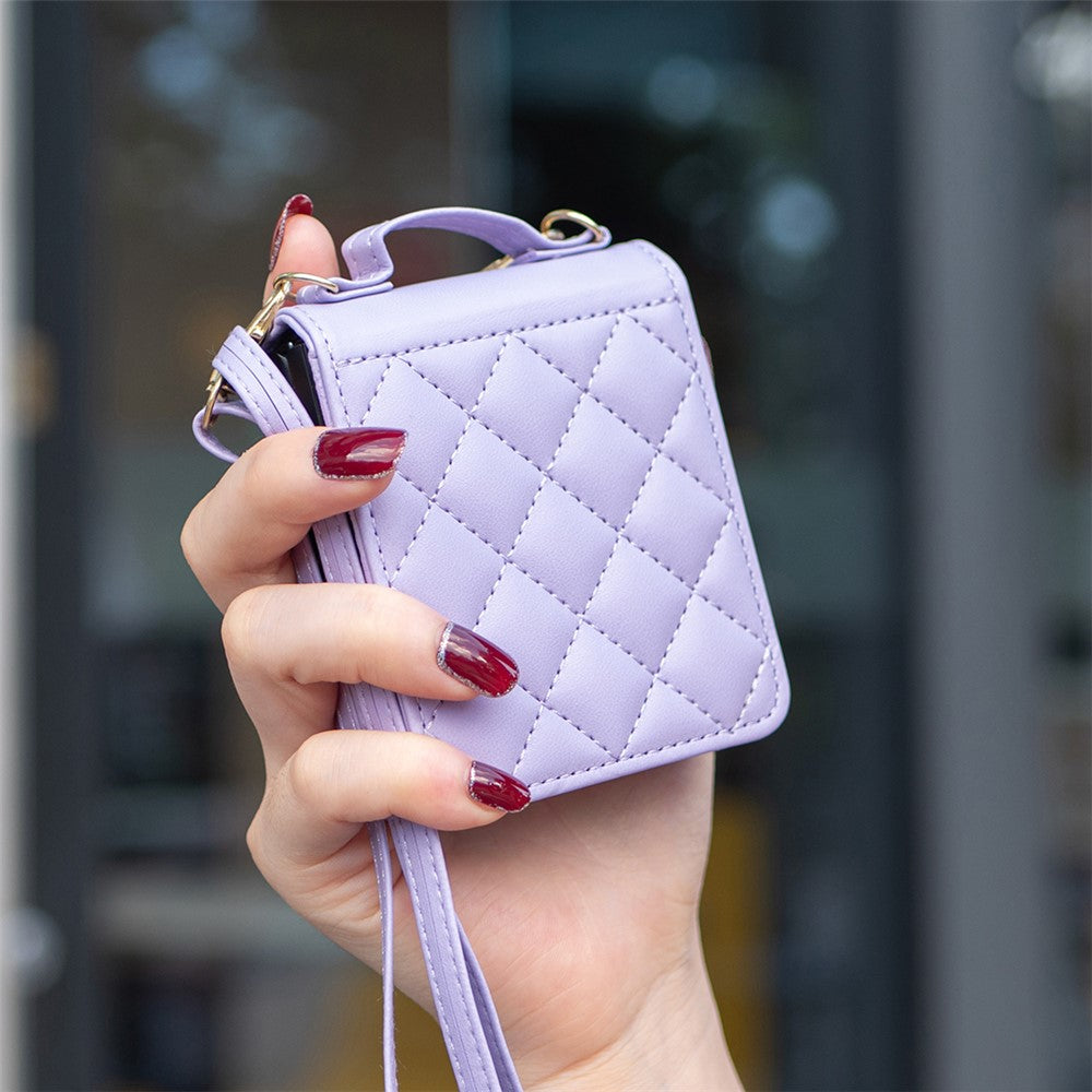 For Samsung Galaxy Z Flip7 FE 5G / Z Flip6 5G / Z Flip5 5G Leather Back Case Rhombus Phone Cover with Shoulder Strap - Purple