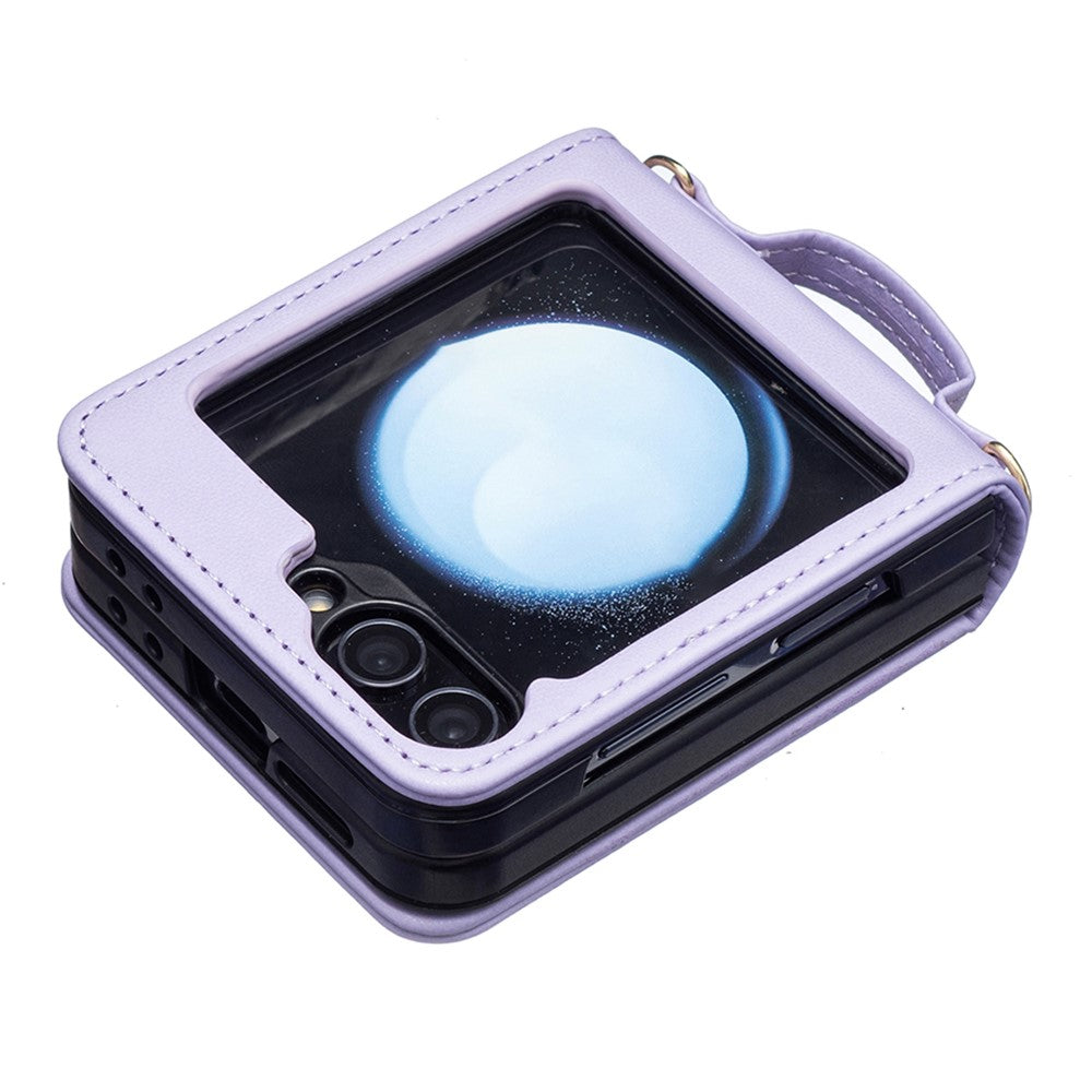 For Samsung Galaxy Z Flip7 FE 5G / Z Flip6 5G / Z Flip5 5G Leather Back Case Rhombus Phone Cover with Shoulder Strap - Purple