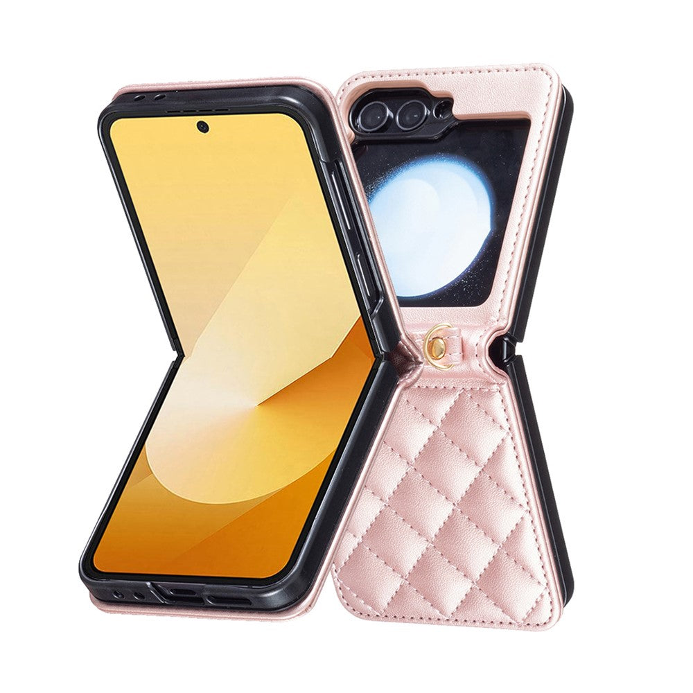 For Samsung Galaxy Z Flip7 FE 5G / Z Flip6 5G / Z Flip5 5G Leather Back Case Rhombus Phone Cover with Shoulder Strap - Rose Gold