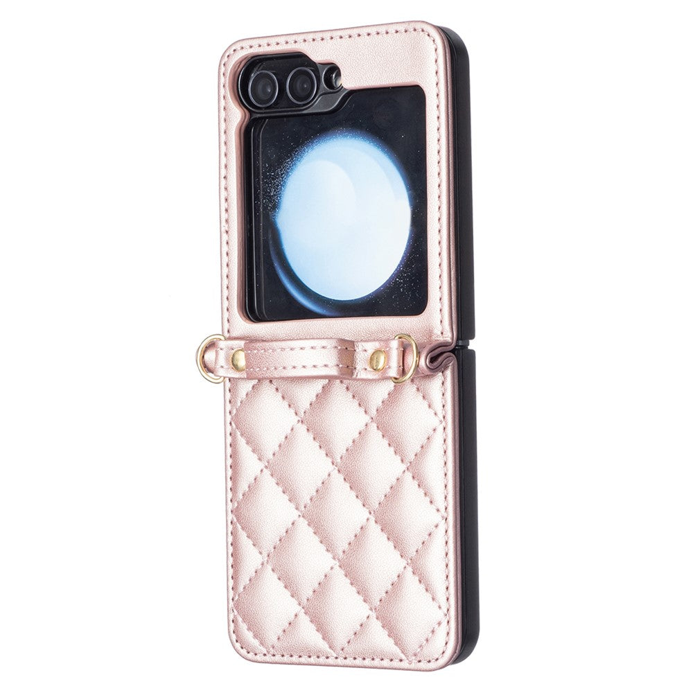 For Samsung Galaxy Z Flip7 FE 5G / Z Flip6 5G / Z Flip5 5G Leather Back Case Rhombus Phone Cover with Shoulder Strap - Rose Gold