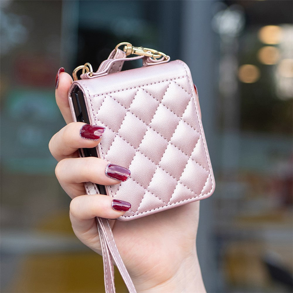 For Samsung Galaxy Z Flip7 FE 5G / Z Flip6 5G / Z Flip5 5G Leather Back Case Rhombus Phone Cover with Shoulder Strap - Rose Gold