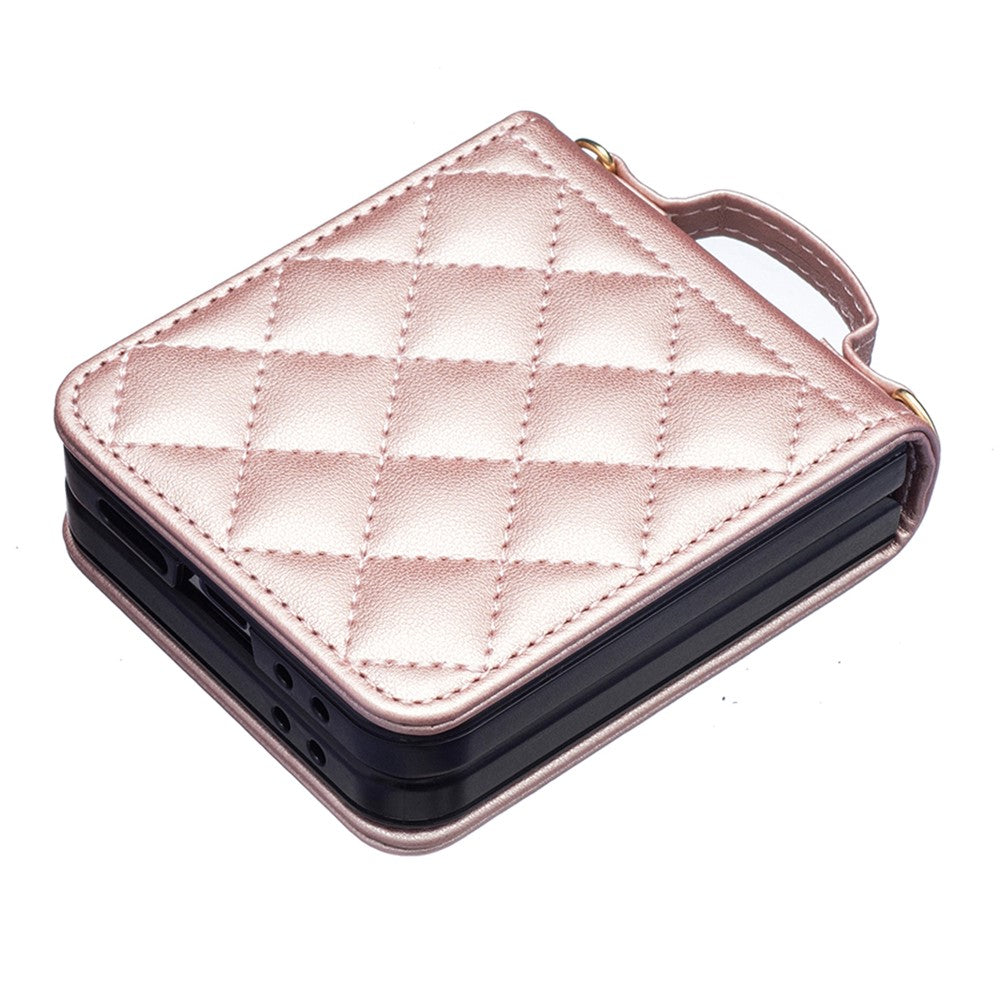For Samsung Galaxy Z Flip7 FE 5G / Z Flip6 5G / Z Flip5 5G Leather Back Case Rhombus Phone Cover with Shoulder Strap - Rose Gold