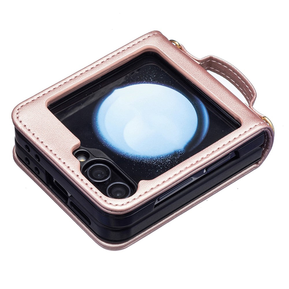 For Samsung Galaxy Z Flip7 FE 5G / Z Flip6 5G / Z Flip5 5G Leather Back Case Rhombus Phone Cover with Shoulder Strap - Rose Gold