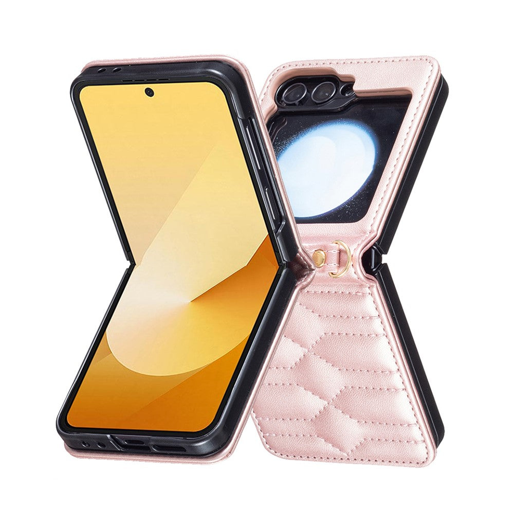 For Samsung Galaxy Z Flip7 FE 5G / Z Flip6 5G / Z Flip5 5G Leather Case V-Shape Grip Back Cover with Shoulder Strap - Rose Gold