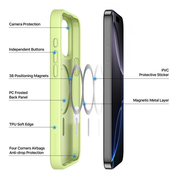 DUX DUCIS Yind Series For iPhone 16 Pro Magnetic Case Airbag Corners PC+TPU Matte Phone Cover - Green