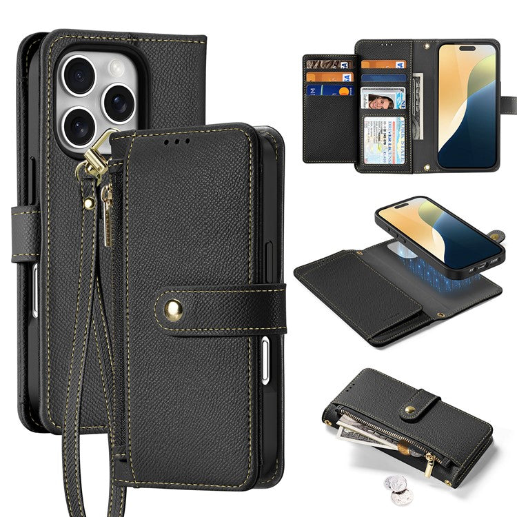 DUX DUCIS Lawa Series for iPhone 16 Pro Magnetic Case Zipper Wallet Detachable Cowhide Leather Cover - Black