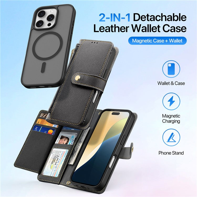 DUX DUCIS Lawa Series for iPhone 16 Pro Magnetic Case Zipper Wallet Detachable Cowhide Leather Cover - Black