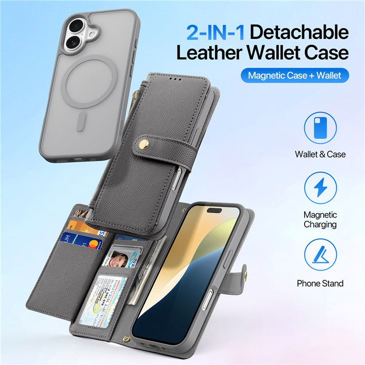 DUX DUCIS Lawa Series for iPhone 16 Magnetic Case Detachable Zipper Wallet Cowhide Leather Cover - Grey