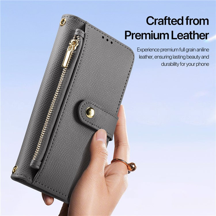 DUX DUCIS Lawa Series for iPhone 16 Magnetic Case Detachable Zipper Wallet Cowhide Leather Cover - Grey