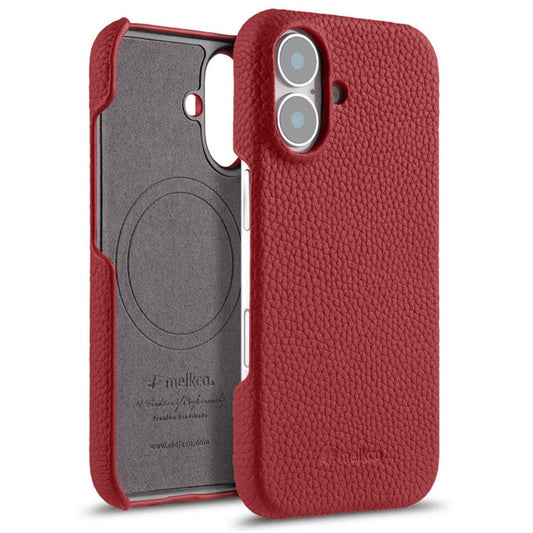 MELKCO For iPhone 16 Plus Case Genuine Cow Leather PC Phone Cover Compatible with MagSafe - Red