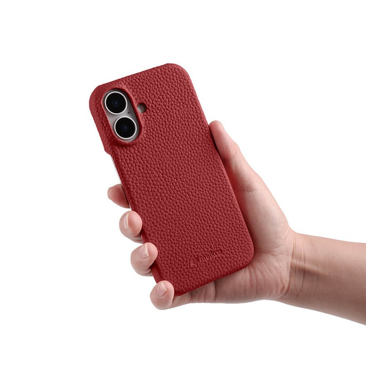 MELKCO For iPhone 16 Plus Case Genuine Cow Leather PC Phone Cover Compatible with MagSafe - Red