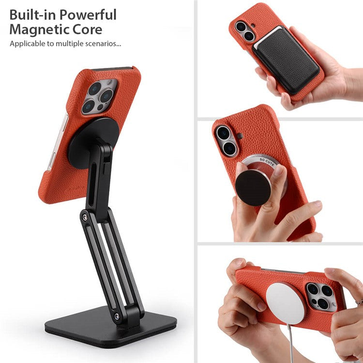 MELKCO For iPhone 16 Plus Case Genuine Cow Leather PC Phone Cover Compatible with MagSafe - Red