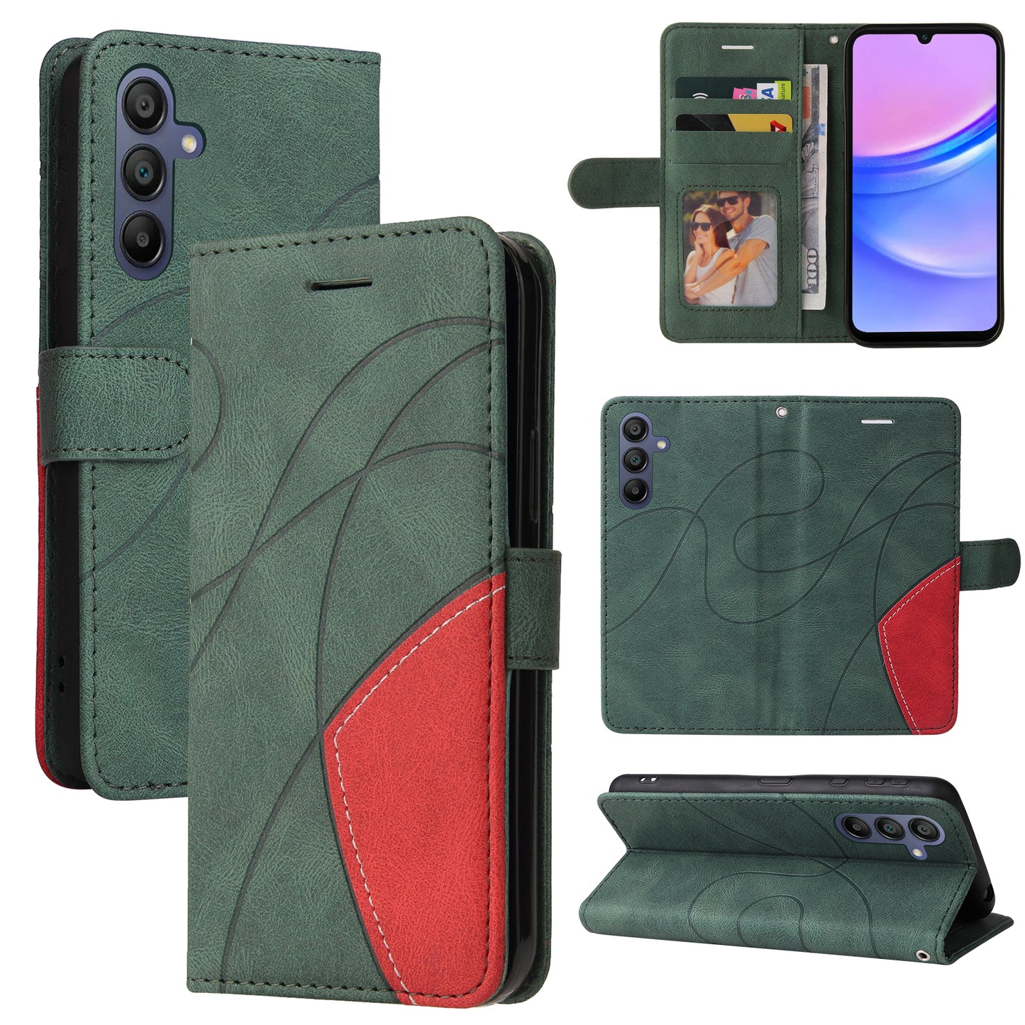KT Leather Series-1 For Samsung Galaxy A16 5G / A16 4G Leather Case Color Splicing Phone Cover Wallet Stand - Green