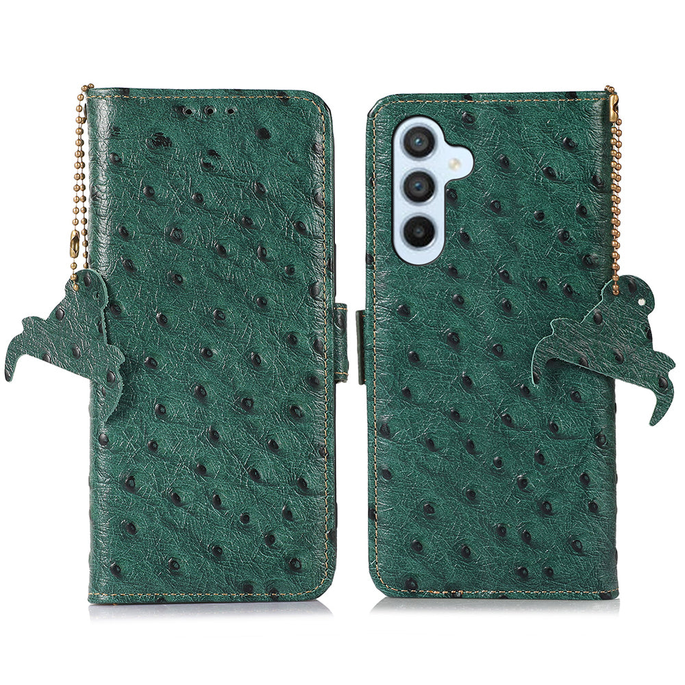 For Samsung Galaxy A16 5G / A16 4G Case Genuine Cow Phone Cover Ostrich Texture RFID Blocking Card Holder - Green