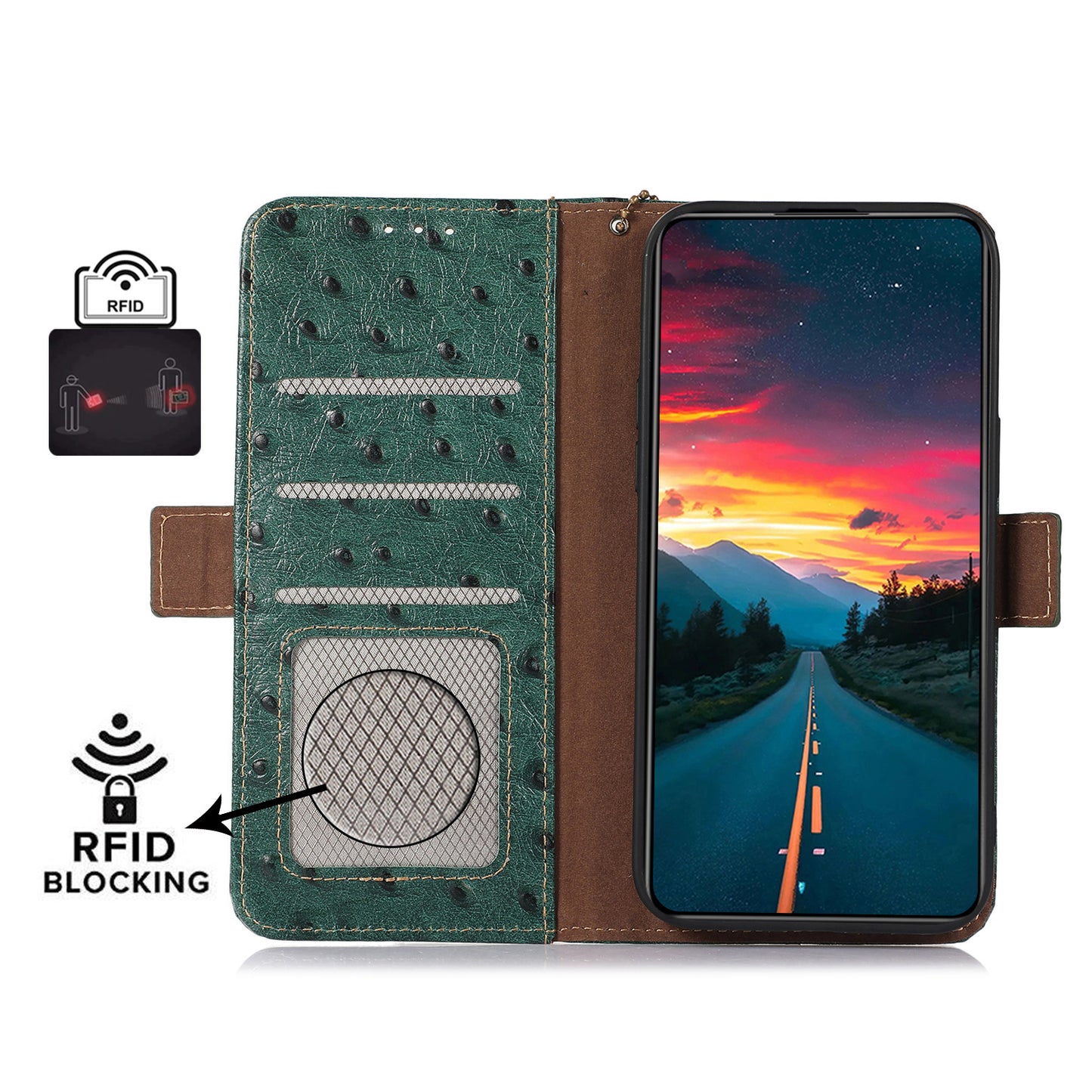 For Samsung Galaxy A16 5G / A16 4G Case Genuine Cow Phone Cover Ostrich Texture RFID Blocking Card Holder - Green