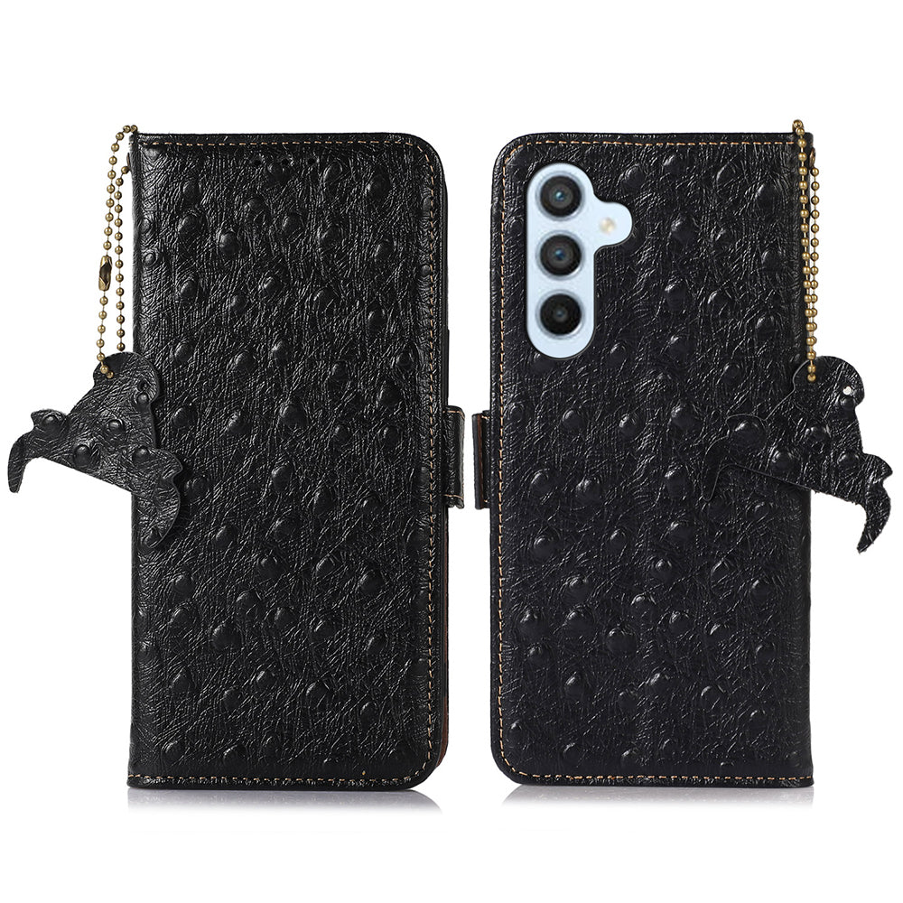 For Samsung Galaxy A16 5G / A16 4G Case Genuine Cow Phone Cover Ostrich Texture RFID Blocking Card Holder - Black
