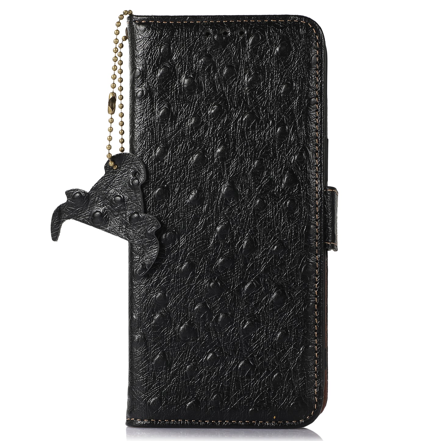 For Samsung Galaxy A16 5G / A16 4G Case Genuine Cow Phone Cover Ostrich Texture RFID Blocking Card Holder - Black