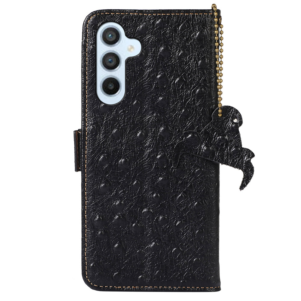 For Samsung Galaxy A16 5G / A16 4G Case Genuine Cow Phone Cover Ostrich Texture RFID Blocking Card Holder - Black