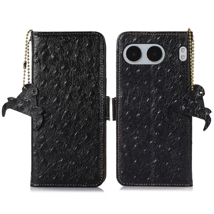 For OnePlus Nord 4 Case RFID Blocking Genuine Cow Leather Phone Case Ostrich Texture - Black