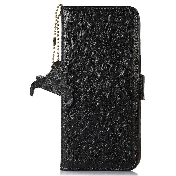 For OnePlus Nord 4 Case RFID Blocking Genuine Cow Leather Phone Case Ostrich Texture - Black