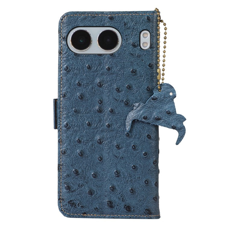 For OnePlus Nord 4 Case RFID Blocking Genuine Cow Leather Phone Case Ostrich Texture - Blue