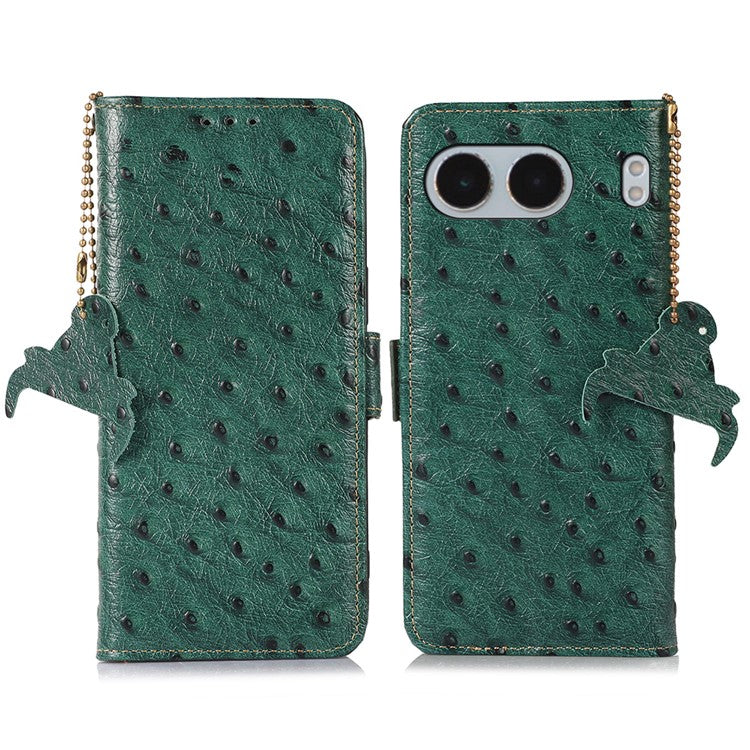 For OnePlus Nord 4 Case RFID Blocking Genuine Cow Leather Phone Case Ostrich Texture - Green