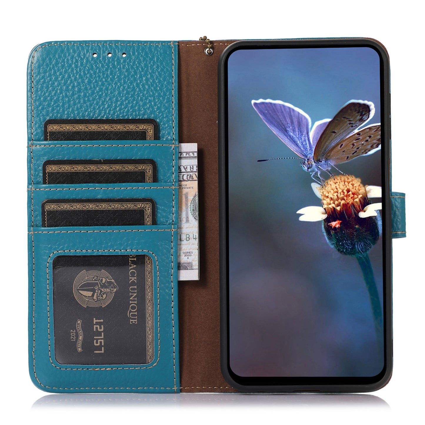 For Samsung Galaxy A06 Case RFID Blocking Litchi Texture Genuine Cow Leather Phone Cover - Blue
